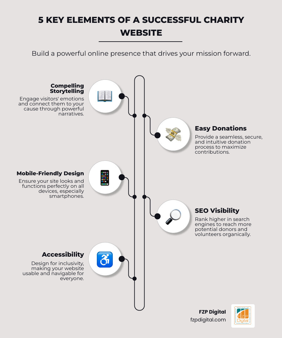infographic showing five interconnected circles labeled Compelling Storytelling at top, then clockwise Easy Donations, Mobile-Friendly Design, SEO Visibility, and Accessibility, with a charity heart icon in the center - charity website design company infographic infographic-line-5-steps-elegant_beige infographic showing five interconnected circles labeled Compelling Storytelling at top, then clockwise Easy Donations, Mobile-Friendly Design, SEO Visibility, and Accessibility, with a charity heart icon in the center - charity website design company infographic infographic-line-5-steps-elegant_beige