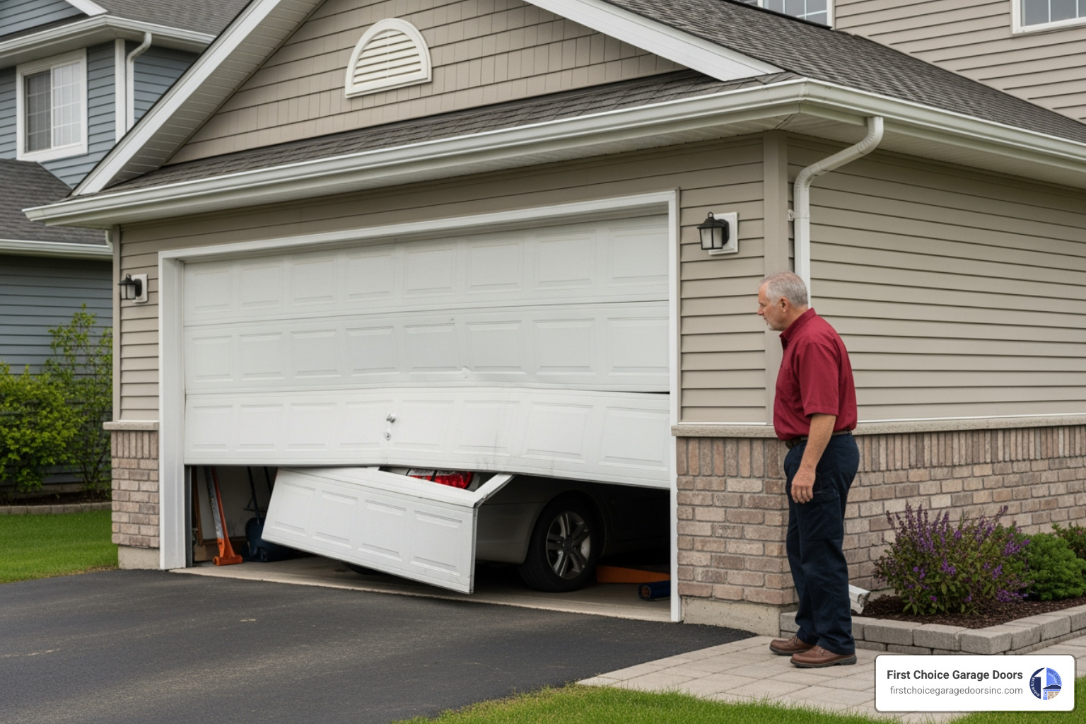 Infographic showing when to call for emergency garage door repair: door won't open or close completely, broken springs with visible gaps, cables hanging loose or frayed, door sitting crooked or off track, loud unusual noises during operation, opener running but door not moving, damage from vehicle impact, and security compromise with door stuck open - emergency garage door repair in columbia, md Infographic showing when to call for emergency garage door repair: door won't open or close completely, broken springs with visible gaps, cables hanging loose or frayed, door sitting crooked or off track, loud unusual noises during operation, opener running but door not moving, damage from vehicle impact, and security compromise with door stuck open - emergency garage door repair in columbia, md