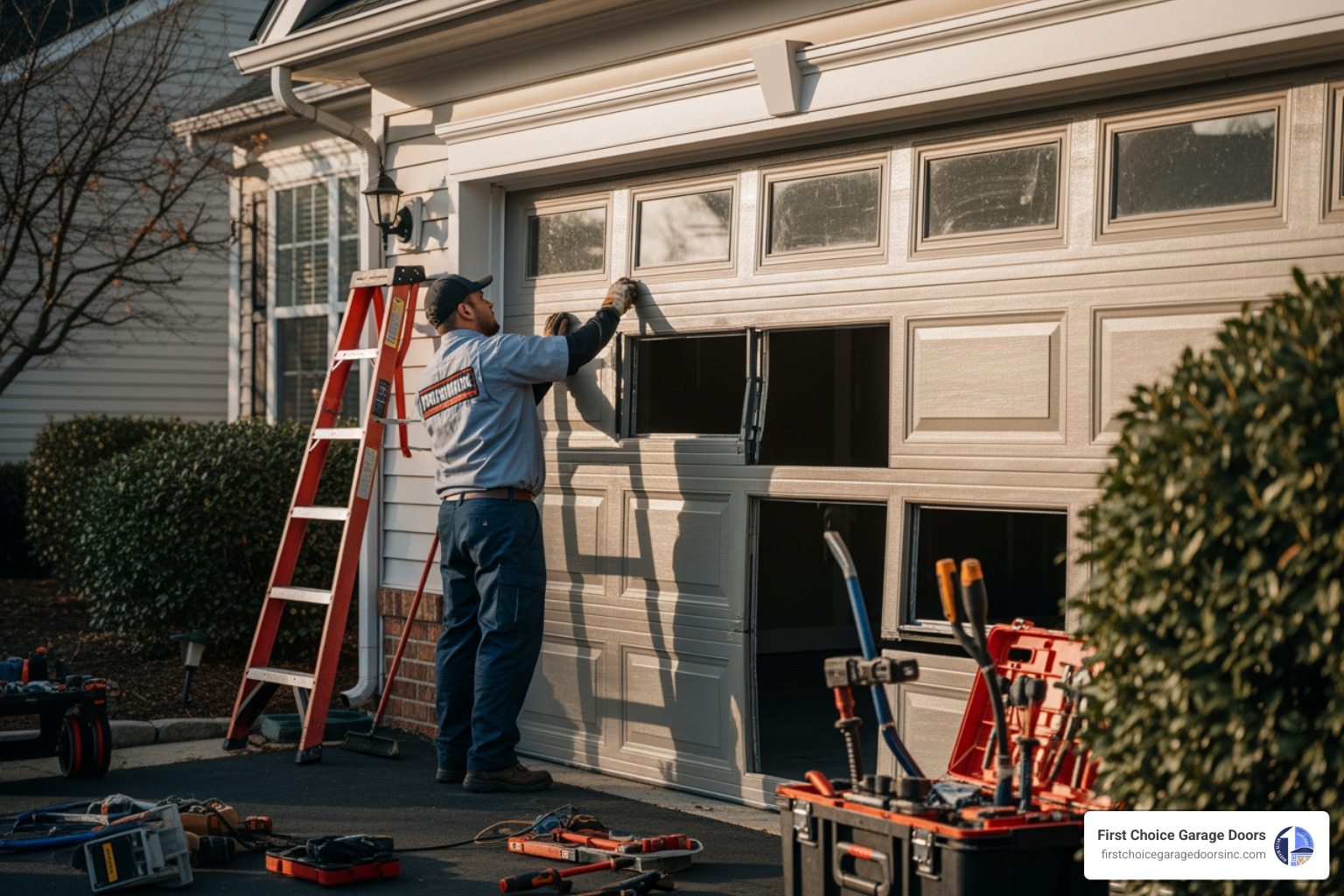Infographic showing the anatomy of a residential garage door system, including labeled components: torsion springs at the top, vertical tracks on both sides, horizontal tracks along the ceiling, multiple hinged panels, steel rollers, lift cables running along the sides, a garage door opener motor mounted on the ceiling, safety sensors at the base, and weather stripping at the bottom. The diagram illustrates how these parts work together to lift and lower the door safely. - best garage door repair in columbia, md