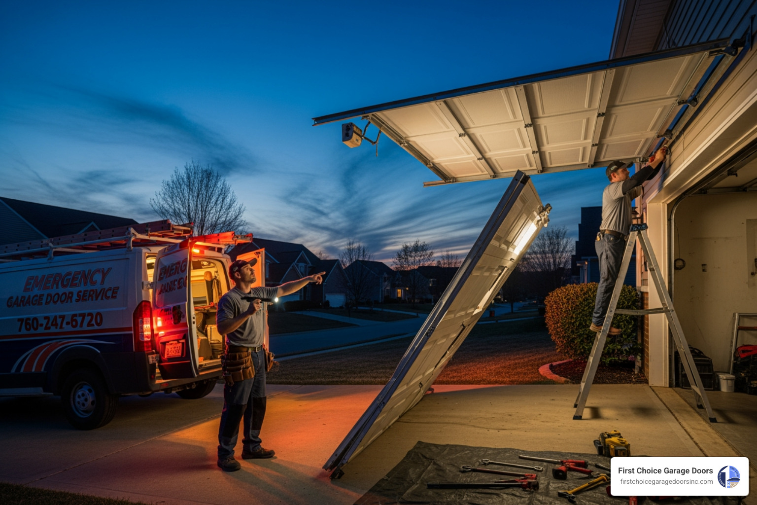 infographic showing emergency garage door warning signs including broken springs, door off track, loud banging sounds, damaged panels, trapped vehicle, security breach, and complete operational failure with icons and brief descriptions - emergency garage door installation in manassas, va