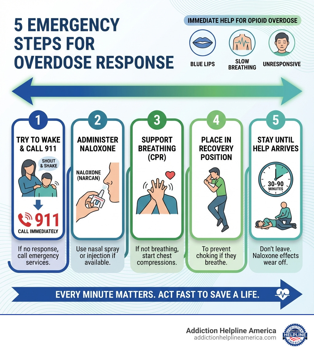 Infographic showing the 5 emergency steps for overdose response: 1. Try to wake them and call 911 immediately, showing a person checking for responsiveness. 2. Administer naloxone if available, with an illustration of nasal spray administration. 3. Support breathing with CPR, depicting chest compressions. 4. Place them in recovery position, showing proper side positioning. 5. Stay with them until help arrives, with a clock showing 30-90 minutes. Include visual indicators of overdose signs like blue lips, slow breathing, and unresponsiveness. Use a calm blue and green color palette with clear icons and arrows showing the progression of steps. - Immediate help for drug overdose infographic 