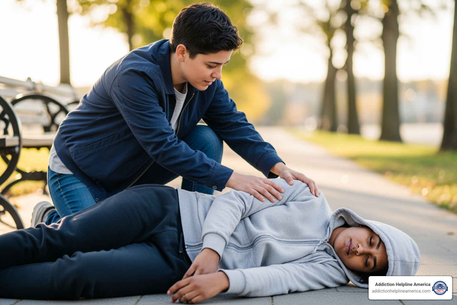 bystander checking for responsiveness - Immediate help for drug overdose