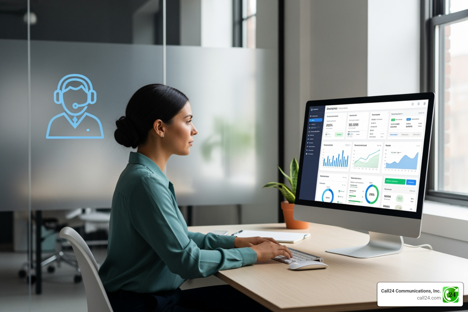 of a calm property manager looking at a dashboard while a call center agent icon handles calls - call center for property management of a calm property manager looking at a dashboard while a call center agent icon handles calls - call center for property management