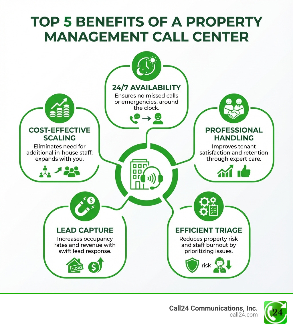 Infographic showing the top 5 benefits of a property management call center: 24/7 availability ensures no missed calls or emergencies, professional handling improves tenant satisfaction and retention, efficient triage reduces property risk and staff burnout, lead capture increases occupancy rates and revenue, and cost-effective scaling eliminates the need for additional in-house staff - call center for property management infographic Infographic showing the top 5 benefits of a property management call center: 24/7 availability ensures no missed calls or emergencies, professional handling improves tenant satisfaction and retention, efficient triage reduces property risk and staff burnout, lead capture increases occupancy rates and revenue, and cost-effective scaling eliminates the need for additional in-house staff - call center for property management infographic
