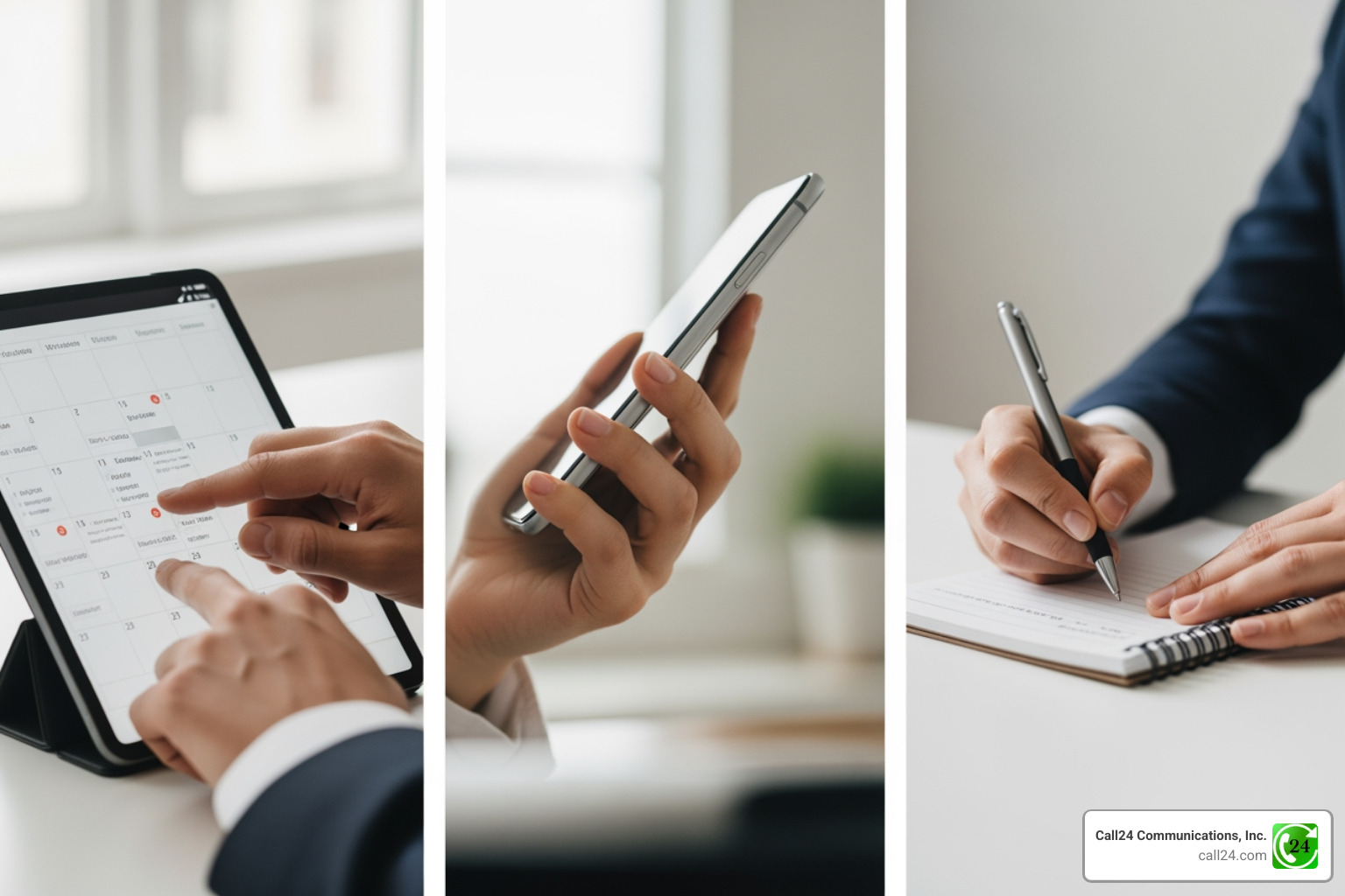 image of a collage representing various virtual receptionist tasks like call handling, calendar management, and message taking - virtual assistant Bay Area