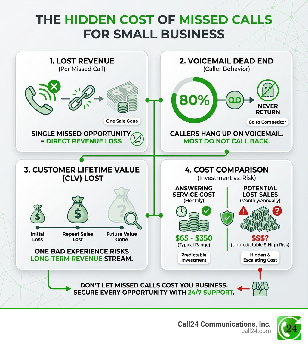 infographic showing the cost breakdown of missed calls for small businesses, including lost revenue per missed call, percentage of callers who never return after reaching voicemail, customer lifetime value lost, and comparison of answering service costs versus potential lost sales - after hours answering service for small business infographic 