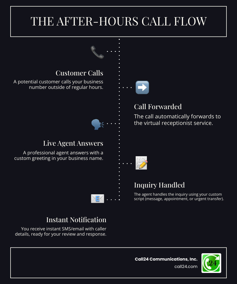 Infographic showing the flow of an after-hours call: Customer calls business number after hours → Call automatically forwards to virtual receptionist service → Live agent answers with custom greeting in business name → Agent handles inquiry using custom script (takes message, schedules appointment, or transfers urgent calls) → Business owner receives instant notification via SMS/email with caller details → Owner reviews and responds to messages at their convenience - after hours virtual receptionist infographic infographic-line-5-steps-dark Infographic showing the flow of an after-hours call: Customer calls business number after hours → Call automatically forwards to virtual receptionist service → Live agent answers with custom greeting in business name → Agent handles inquiry using custom script (takes message, schedules appointment, or transfers urgent calls) → Business owner receives instant notification via SMS/email with caller details → Owner reviews and responds to messages at their convenience - after hours virtual receptionist infographic infographic-line-5-steps-dark