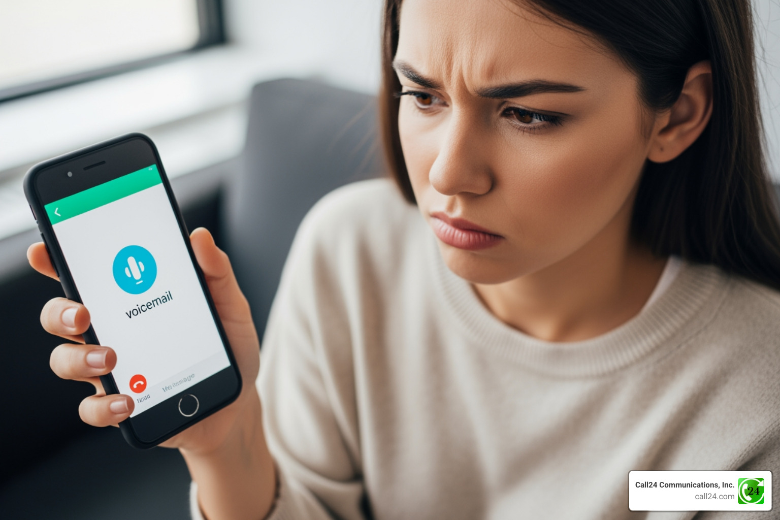 a frustrated person looking at their phone with a voicemail icon - after hours virtual receptionist a frustrated person looking at their phone with a voicemail icon - after hours virtual receptionist