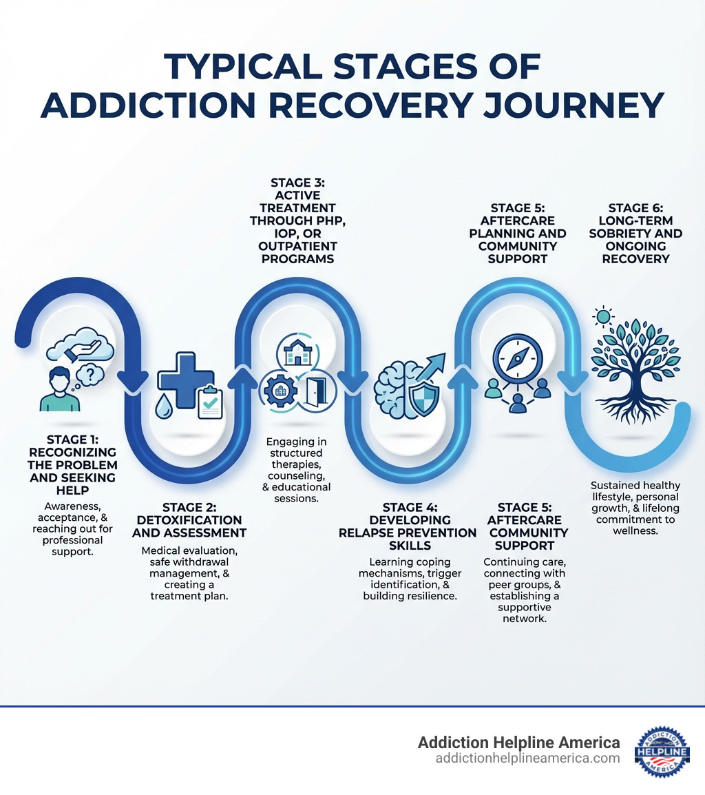Infographic showing the typical stages of addiction recovery including: Stage 1 - Recognizing the problem and seeking help, Stage 2 - Detoxification and assessment, Stage 3 - Active treatment through PHP IOP or outpatient programs, Stage 4 - Developing relapse prevention skills, Stage 5 - Aftercare planning and community support, Stage 6 - Long-term sobriety and ongoing recovery - lifetime recovery center new jersey drug & alcohol rehab infographic 