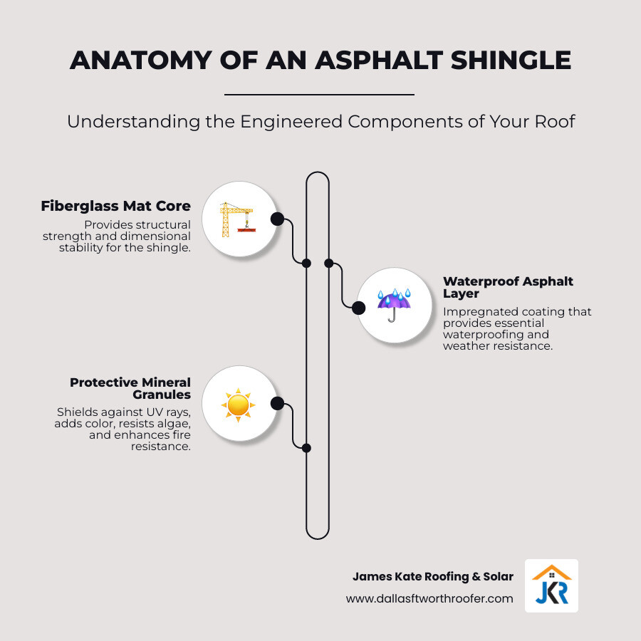 Detailed cross-section infographic showing the layered construction of an asphalt composition shingle: protective mineral granules on top for UV and weather resistance, waterproof asphalt coating in the middle for water protection, and fiberglass mat base layer for structural strength, with labels indicating each layer's function - asphalt composition shingle roof infographic infographic-line-3-steps-elegant_beige