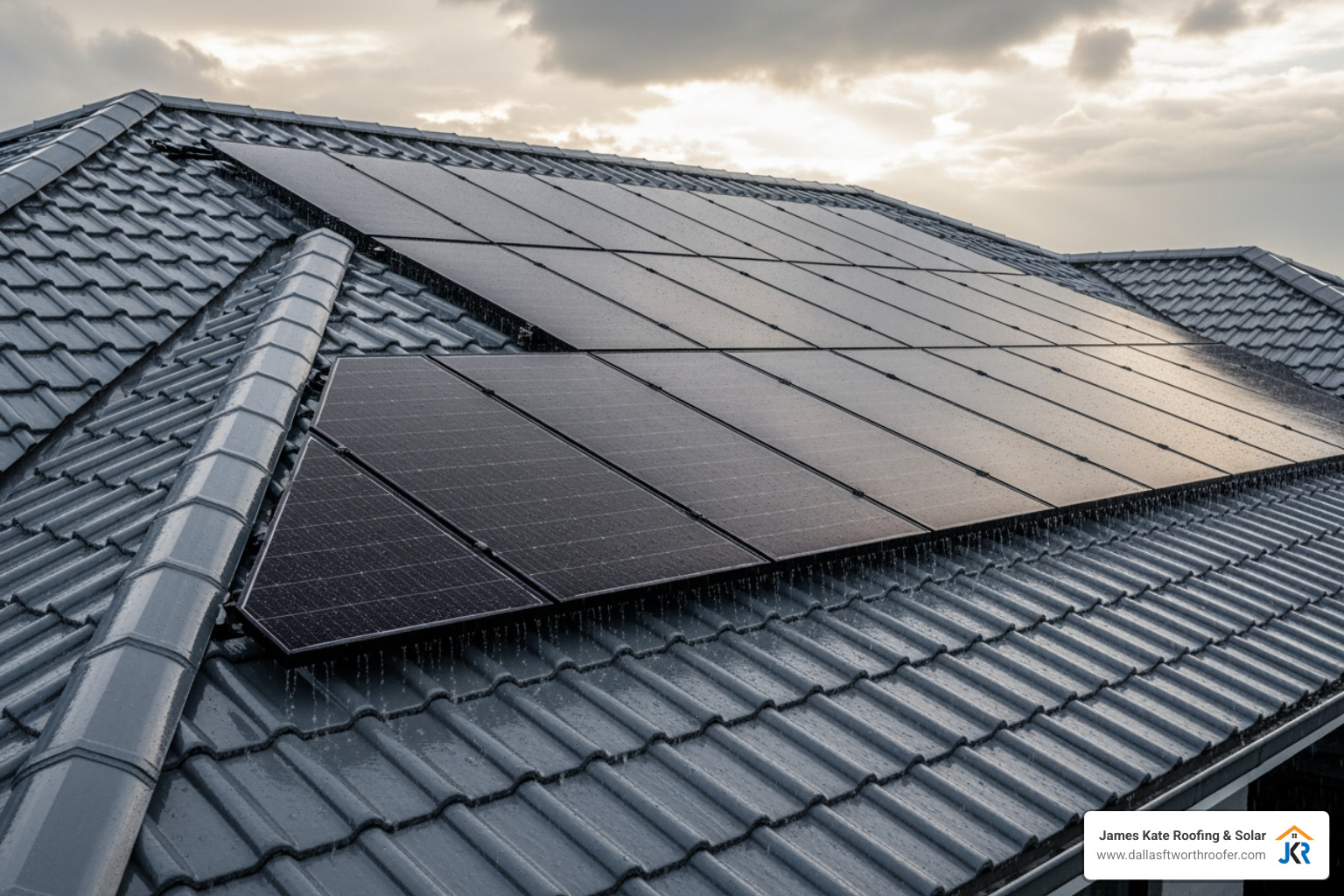 A sturdy, modern roof with solar panels integrated into its design, looking pristine after a heavy rainstorm, with water visibly shedding off the surface - integrated roofing systems A sturdy, modern roof with solar panels integrated into its design, looking pristine after a heavy rainstorm, with water visibly shedding off the surface - integrated roofing systems