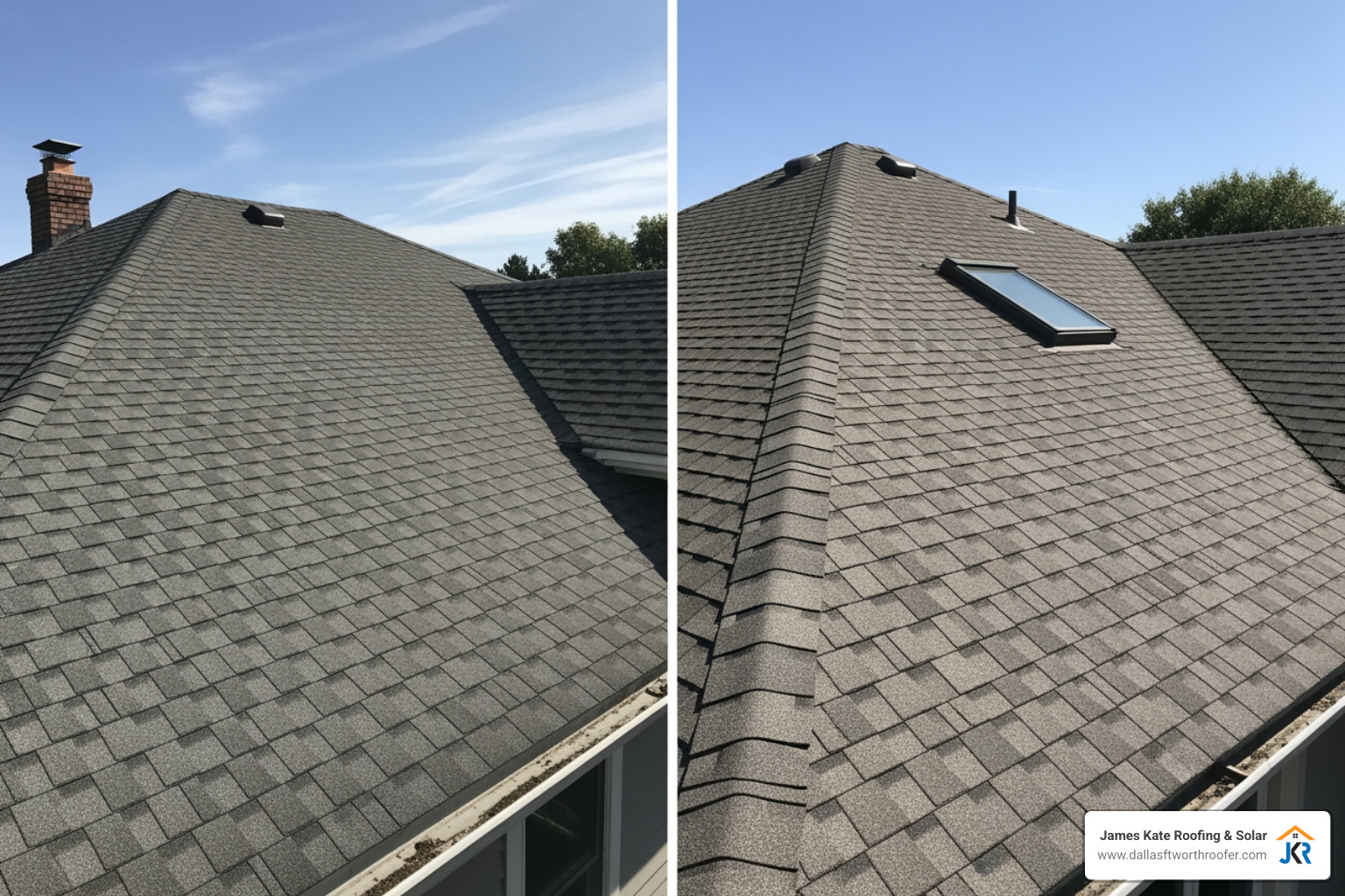 Split-screen showing a 3-tab shingle roof on one side and a dimensional architectural shingle roof on the other - 3 tab composition shingle Split-screen showing a 3-tab shingle roof on one side and a dimensional architectural shingle roof on the other - 3 tab composition shingle