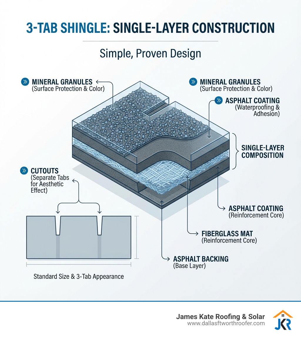 Infographic explaining the single-layer construction of a 3-tab shingle with its cutouts, fiberglass mat, asphalt, and granules. - 3 tab composition shingle infographic Infographic explaining the single-layer construction of a 3-tab shingle with its cutouts, fiberglass mat, asphalt, and granules. - 3 tab composition shingle infographic