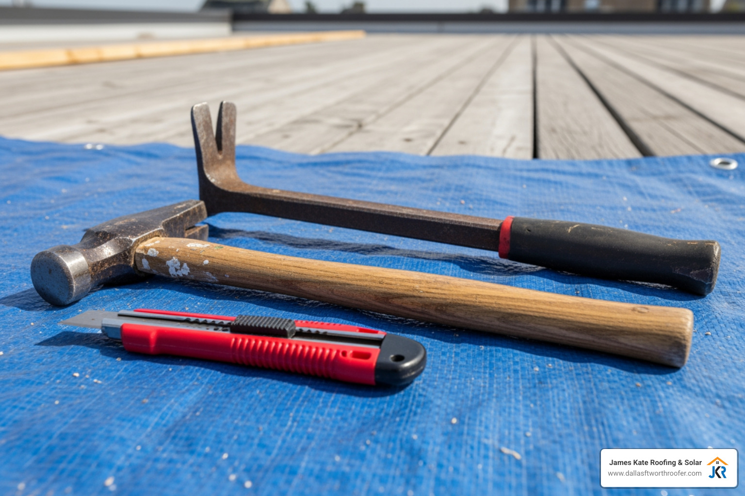 image of roofing tools like a pry bar, hammer, and utility knife laid out on a tarp - Asphalt shingle replacement image of roofing tools like a pry bar, hammer, and utility knife laid out on a tarp - Asphalt shingle replacement