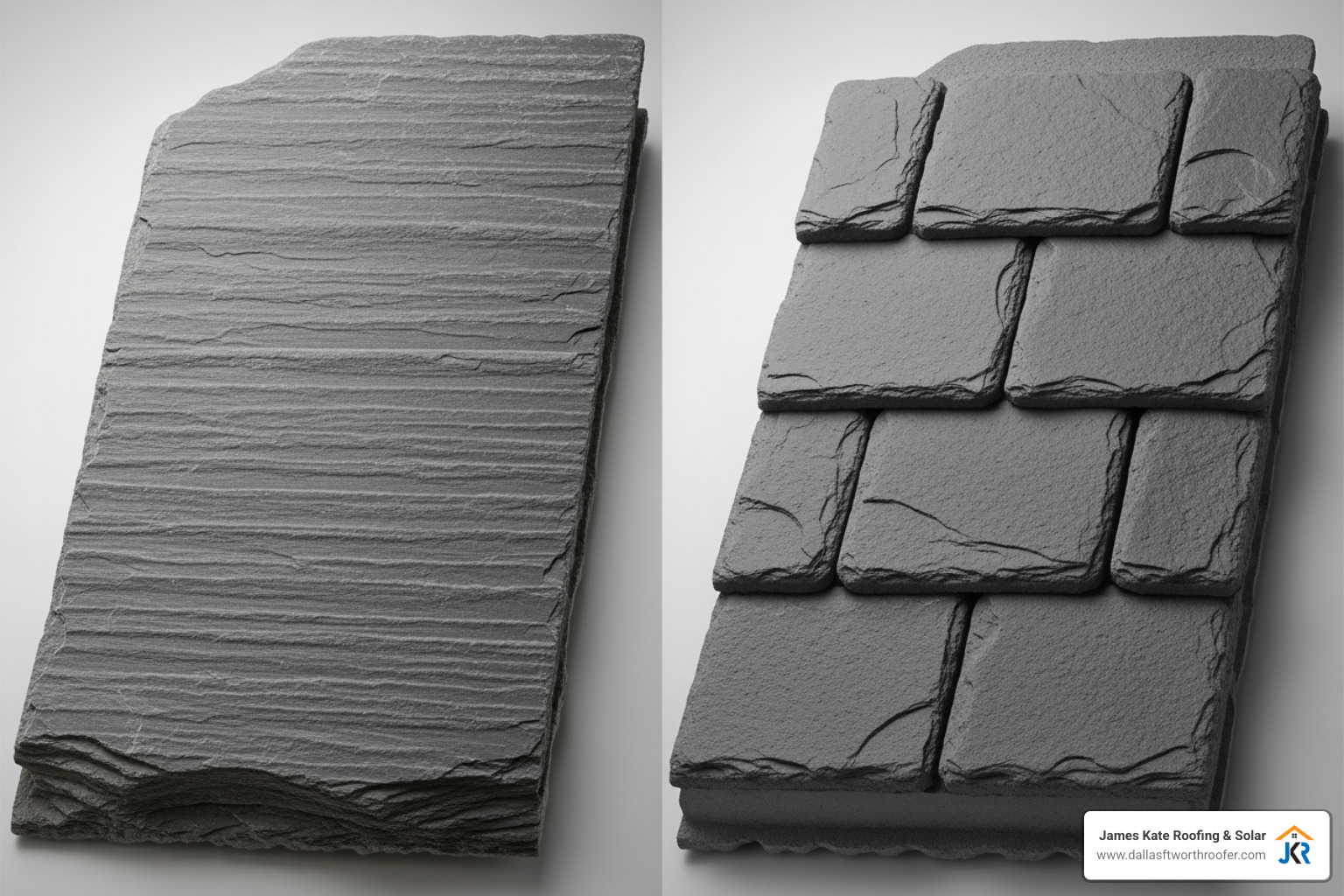 side-by-side comparison of a natural slate tile and a synthetic slate tile - Slate roof replacement side-by-side comparison of a natural slate tile and a synthetic slate tile - Slate roof replacement