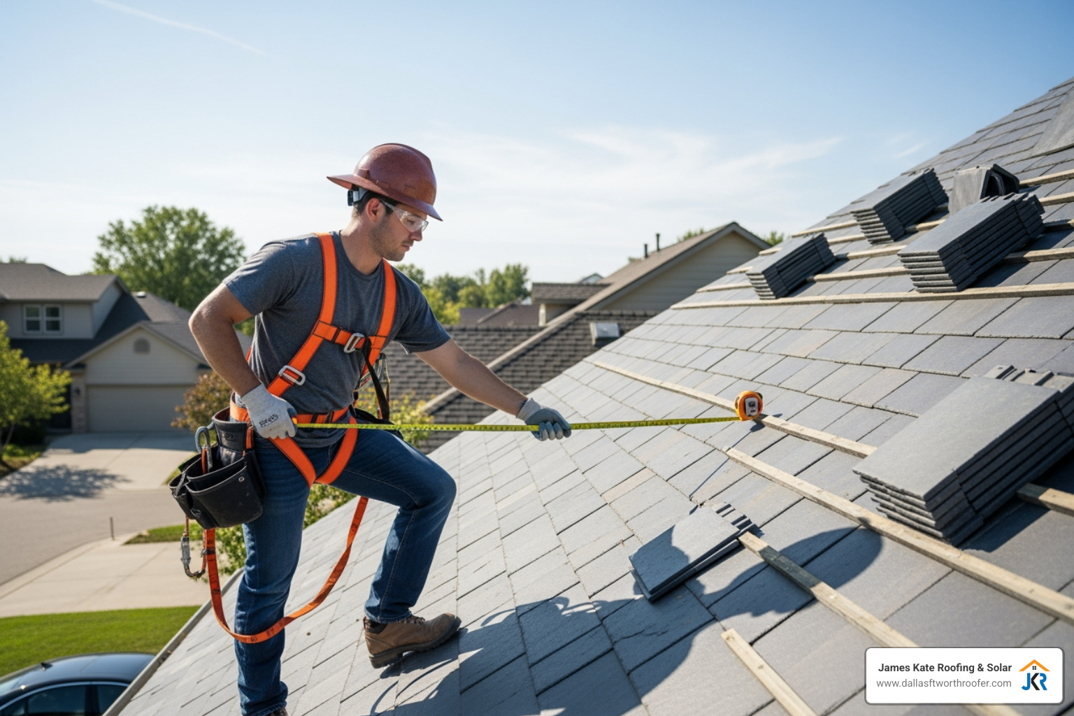 contractor measuring roof for slate installation - Slate roof replacement contractor measuring roof for slate installation - Slate roof replacement