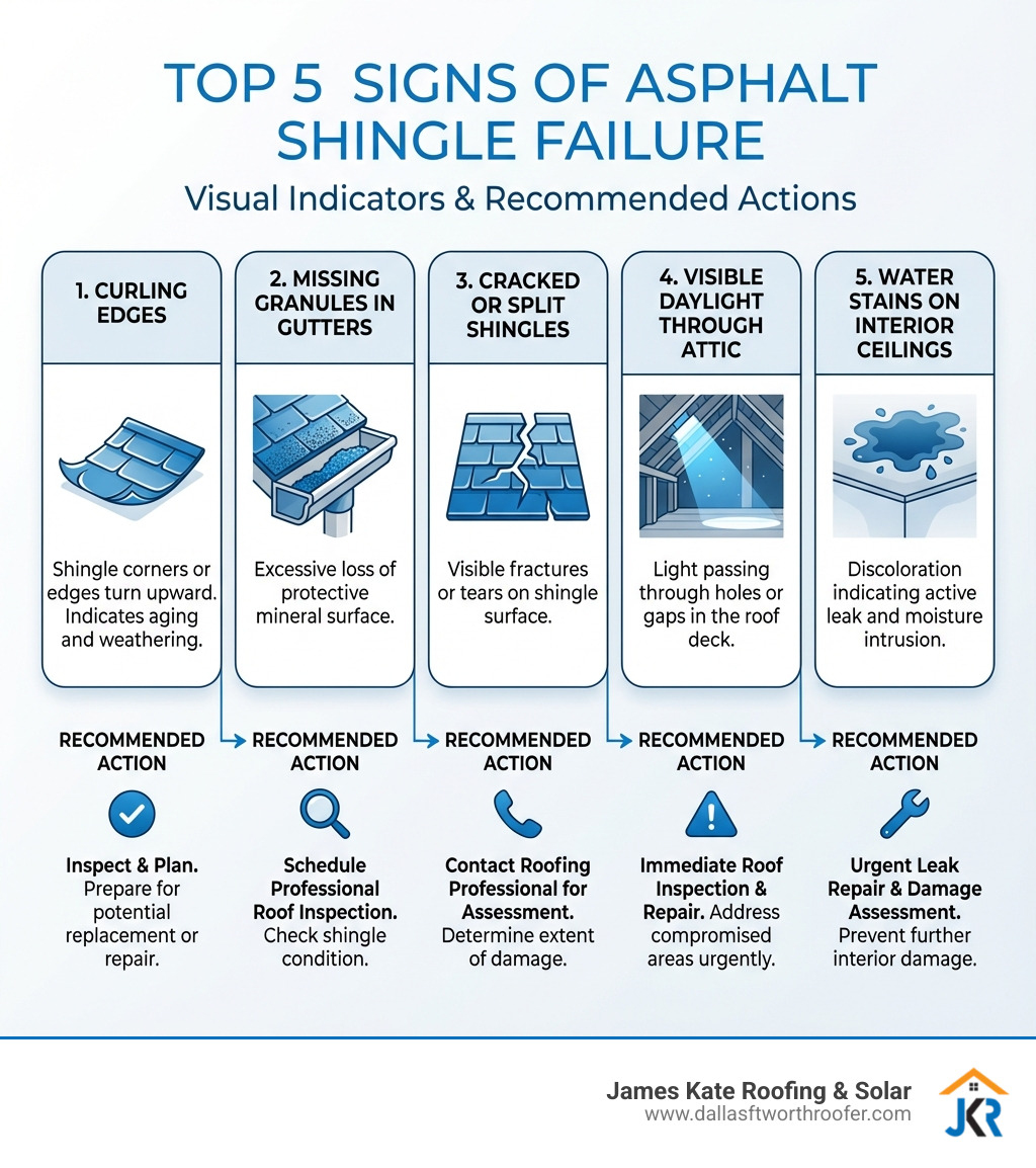 infographic showing the top 5 signs of asphalt shingle failure: curling edges, missing granules in gutters, cracked or split shingles, visible daylight through attic, and water stains on interior ceilings, with visual icons for each sign and recommended action steps - Asphalt shingle replacement infographic infographic showing the top 5 signs of asphalt shingle failure: curling edges, missing granules in gutters, cracked or split shingles, visible daylight through attic, and water stains on interior ceilings, with visual icons for each sign and recommended action steps - Asphalt shingle replacement infographic
