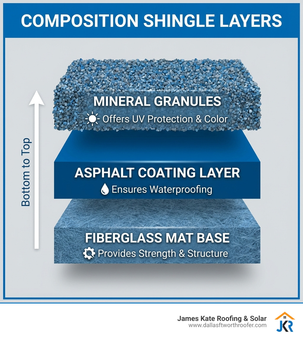 Infographic showing composition shingle layers from bottom to top: fiberglass mat base providing strength and structure, asphalt coating layer for waterproofing, and mineral granules on top for UV protection and color - composition shingle types infographic Infographic showing composition shingle layers from bottom to top: fiberglass mat base providing strength and structure, asphalt coating layer for waterproofing, and mineral granules on top for UV protection and color - composition shingle types infographic