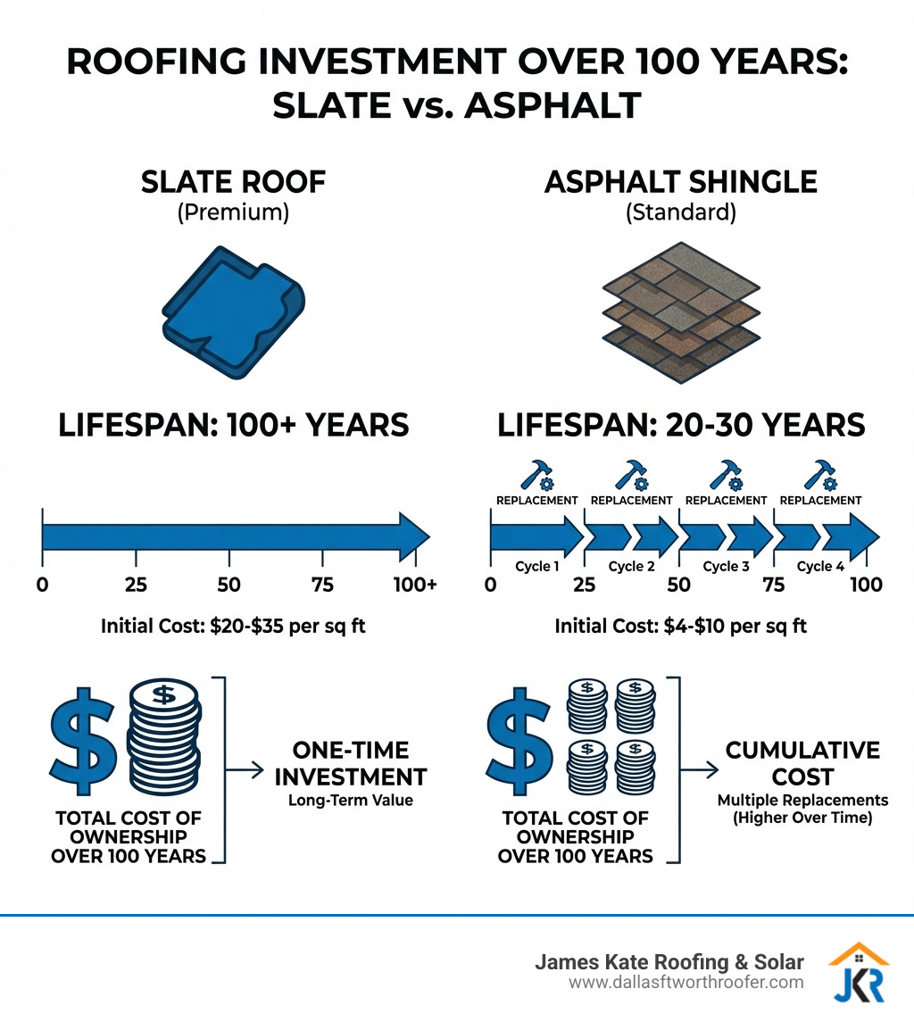 Infographic comparing slate roof lifespan of 100+ years and $20-35 per square foot cost versus asphalt shingle lifespan of 20-30 years and $4-10 per square foot cost, showing total cost of ownership over 100 years - Slate roof replacement infographic Infographic comparing slate roof lifespan of 100+ years and $20-35 per square foot cost versus asphalt shingle lifespan of 20-30 years and $4-10 per square foot cost, showing total cost of ownership over 100 years - Slate roof replacement infographic