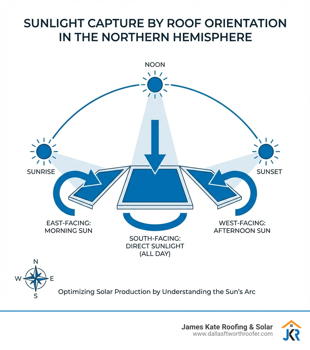 infographic showing the sun's path across the southern sky in the Northern Hemisphere throughout the day, with arrows indicating how south-facing panels receive direct sunlight from sunrise to sunset, while east-facing panels capture morning sun and west-facing panels capture afternoon sun - best facing roof for solar panels infographic infographic showing the sun's path across the southern sky in the Northern Hemisphere throughout the day, with arrows indicating how south-facing panels receive direct sunlight from sunrise to sunset, while east-facing panels capture morning sun and west-facing panels capture afternoon sun - best facing roof for solar panels infographic