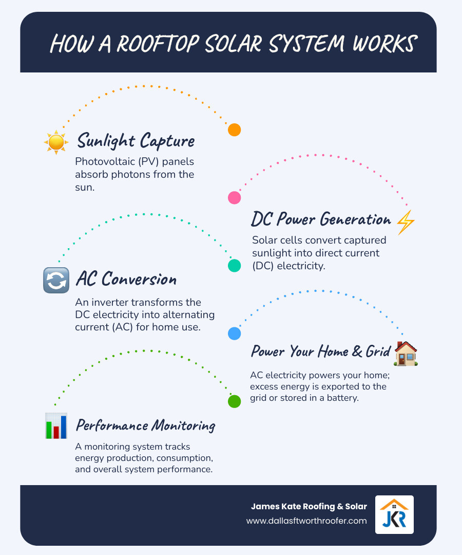 infographic showing how rooftop solar systems work: sunlight hits solar panels on roof, DC electricity flows to inverter, inverter converts to AC electricity for home use, excess power goes to grid or battery storage, monitoring system tracks production and savings - roof top solar systems infographic infographic-line-5-steps-blues-accent_colors infographic showing how rooftop solar systems work: sunlight hits solar panels on roof, DC electricity flows to inverter, inverter converts to AC electricity for home use, excess power goes to grid or battery storage, monitoring system tracks production and savings - roof top solar systems infographic infographic-line-5-steps-blues-accent_colors