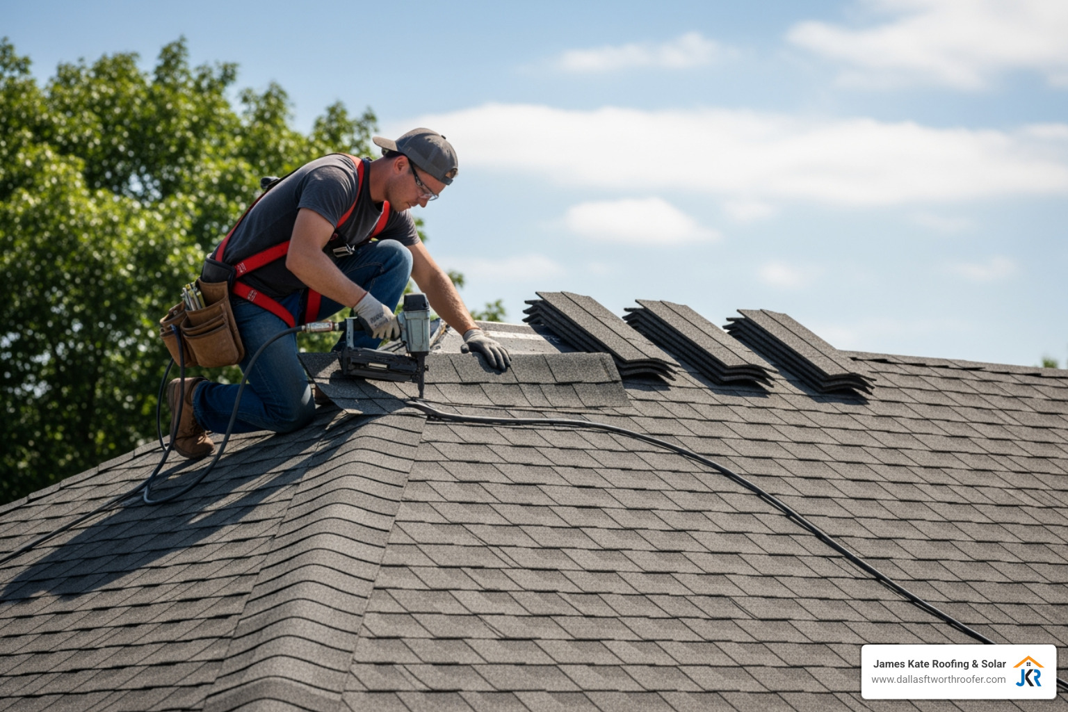 Ridge cap shingles being installed along the peak of a roof - composite shingle installation Ridge cap shingles being installed along the peak of a roof - composite shingle installation