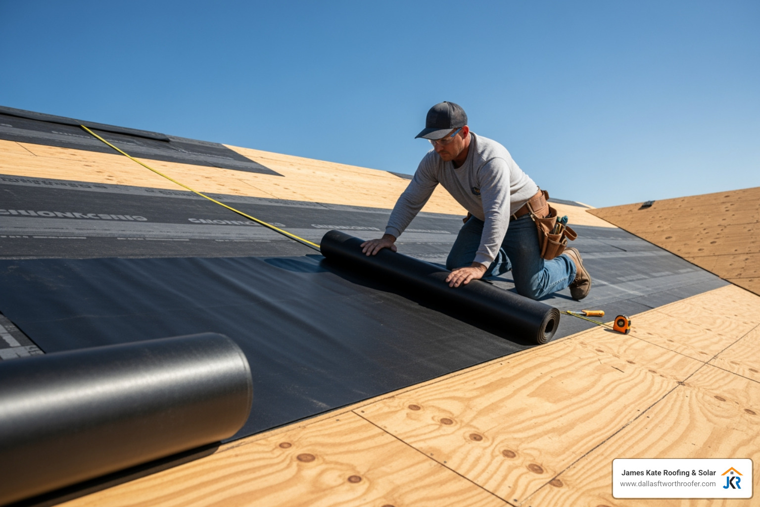 Underlayment being rolled out over the roof deck - composite shingle installation Underlayment being rolled out over the roof deck - composite shingle installation