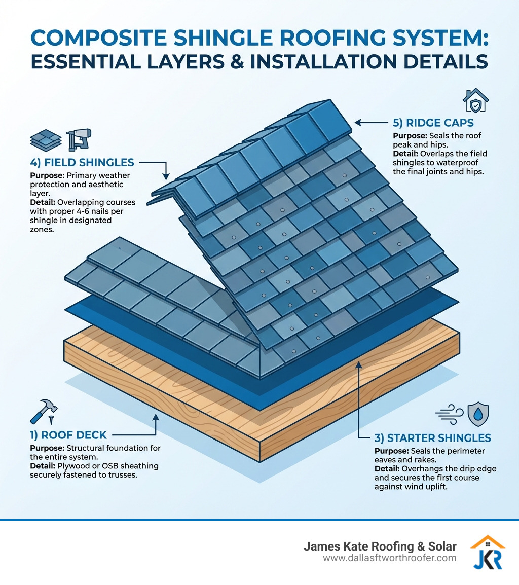 Infographic showing the five essential layers of a complete composite shingle roofing system: 1) Roof Deck (plywood or OSB sheathing), 2) Underlayment (synthetic or felt waterproof barrier), 3) Starter Shingles (along eaves and rakes for sealing), 4) Field Shingles (overlapping courses with proper nailing), and 5) Ridge Caps (sealing the roof peak). Each layer is labeled with its purpose and key installation detail. - composite shingle installation infographic Infographic showing the five essential layers of a complete composite shingle roofing system: 1) Roof Deck (plywood or OSB sheathing), 2) Underlayment (synthetic or felt waterproof barrier), 3) Starter Shingles (along eaves and rakes for sealing), 4) Field Shingles (overlapping courses with proper nailing), and 5) Ridge Caps (sealing the roof peak). Each layer is labeled with its purpose and key installation detail. - composite shingle installation infographic