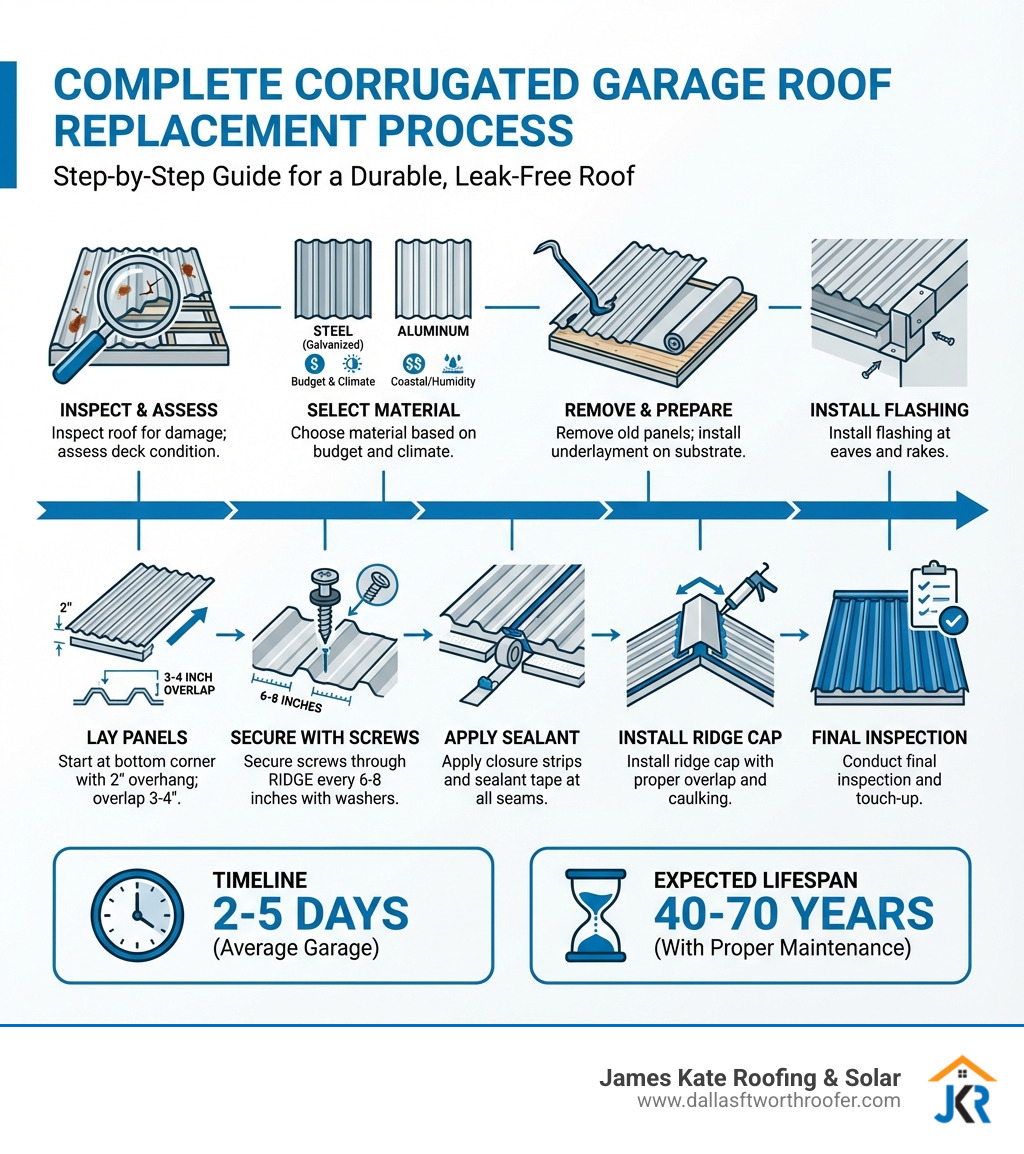 Infographic showing the complete corrugated garage roof replacement process: 1) Inspect existing roof for damage and assess deck condition, 2) Select material (galvanized steel vs aluminum) based on budget and climate, 3) Remove old panels and prepare substrate with underlayment, 4) Install flashing at eaves and rakes, 5) Lay panels starting from bottom corner with 2-inch overhang, overlapping each by one corrugation (3-4 inches), 6) Secure with screws through ridge (not valley) every 6-8 inches using washers, 7) Apply closure strips and sealant tape at all seams, 8) Install ridge cap with proper overlap and caulking, 9) Final inspection and touch-up. Timeline: 2-5 days for average garage. Expected lifespan: 40-70 years with proper maintenance. - corrugated garage roof replacement infographic Infographic showing the complete corrugated garage roof replacement process: 1) Inspect existing roof for damage and assess deck condition, 2) Select material (galvanized steel vs aluminum) based on budget and climate, 3) Remove old panels and prepare substrate with underlayment, 4) Install flashing at eaves and rakes, 5) Lay panels starting from bottom corner with 2-inch overhang, overlapping each by one corrugation (3-4 inches), 6) Secure with screws through ridge (not valley) every 6-8 inches using washers, 7) Apply closure strips and sealant tape at all seams, 8) Install ridge cap with proper overlap and caulking, 9) Final inspection and touch-up. Timeline: 2-5 days for average garage. Expected lifespan: 40-70 years with proper maintenance. - corrugated garage roof replacement infographic