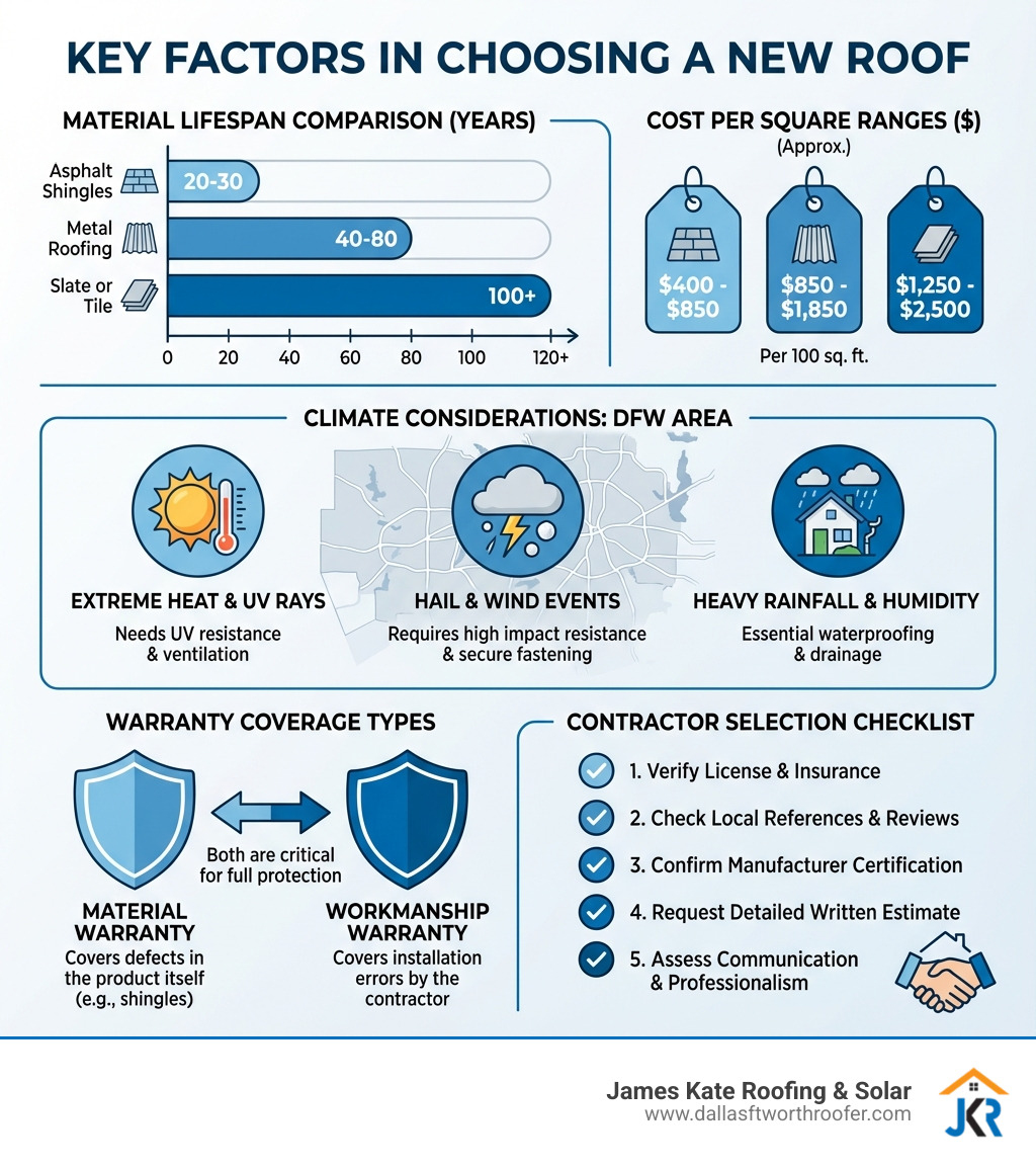 infographic showing key factors in choosing a new roof: material lifespan comparison bar chart, cost per square ranges, climate considerations for DFW area, warranty coverage types, and contractor selection checklist - Best roof replacement infographic 