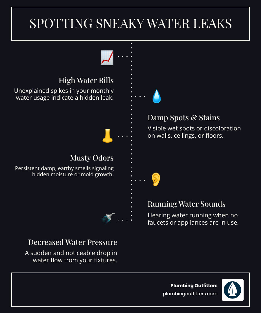 Infographic showing the warning signs of water leaks in your home, including high water bills, visible water stains, musty odors, sounds of running water when fixtures are off, decreased water pressure, and visible mold or mildew growth, along with immediate action steps to take when you suspect a leak - leaks repair in liberty hill, tx infographic infographic-line-5-steps-dark Infographic titled "Spotting Sneaky Water Leaks," highlighting signs of hidden leaks: high water bills, damp spots and stains, musty odors, running water sounds, and decreased water pressure, with Plumbing Outfitters branding.