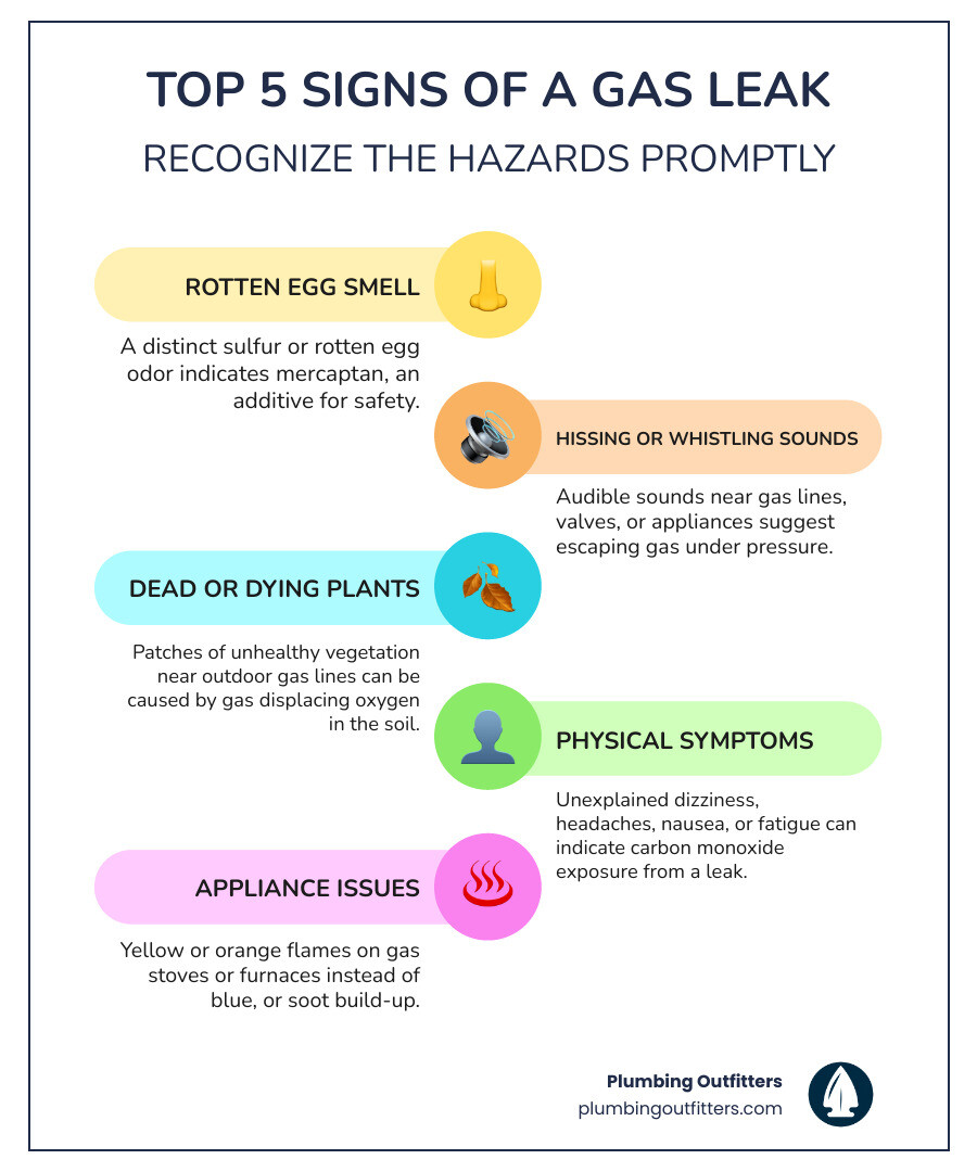 Infographic showing the top 5 signs of a gas leak: 1) Rotten egg or sulfur smell indicated by a nose icon, 2) Hissing or whistling sounds near gas lines shown with sound wave icon, 3) Dead or dying plants in isolated patches represented by wilted plant icon, 4) Physical symptoms including dizziness, headaches, and nausea shown with a person icon, 5) Appliance issues like yellow flames instead of blue or poor performance illustrated with a stove icon - gas piping repair in austin, tx infographic infographic-line-5-steps-colors Top 5 signs of a gas leak infographic highlighting rotten egg smell, hissing sounds, dead plants, appliance issues, and physical symptoms, emphasizing safety and prompt recognition.