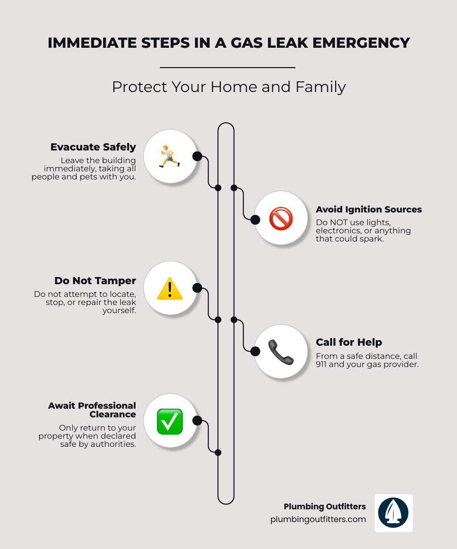 Infographic showing 5 immediate steps if you suspect a gas leak: 1. Evacuate everyone immediately, including pets. 2. Do NOT use any electronics, phones, or light switches. 3. Do NOT attempt to locate the leak yourself. 4. Call 911 and your gas company from a safe distance outside. 5. Only return when professionals declare it safe. - affordable gas piping repair in bastrop, tx infographic infographic-line-5-steps-elegant_beige Infographic showing 5 immediate steps if you suspect a gas leak: 1. Evacuate everyone immediately, including pets. 2. Do NOT use any electronics, phones, or light switches. 3. Do NOT attempt to locate the leak yourself. 4. Call 911 and your gas company from a safe distance outside. 5. Only return when professionals declare it safe. - affordable gas piping repair in bastrop, tx infographic infographic-line-5-steps-elegant_beige