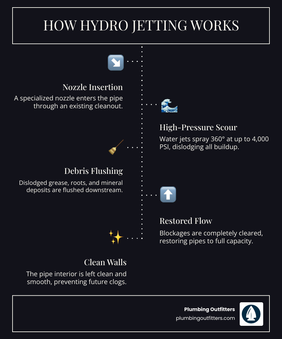 Infographic showing how hydro jetting works: a specialized nozzle enters the pipe through a cleanout, high-pressure water jets spray in all directions at up to 4,000 PSI, debris and buildup are flushed downstream, and pipes are restored to full capacity with clean walls - hydro jetting repair in west lake hills, tx infographic infographic-line-5-steps-dark Infographic illustrating the hydro jetting process, featuring nozzle insertion, high-pressure water scouring, debris flushing, restored pipe flow, and clean walls, with branding for Plumbing Outfitters.