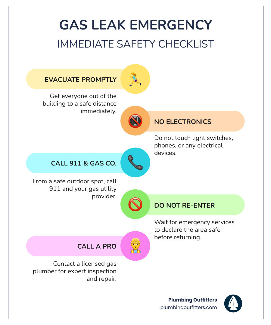 Infographic showing emergency response steps for suspected gas leaks: 1. Evacuate all occupants immediately, 2. Avoid using any electrical devices or creating sparks, 3. Do not attempt to locate the leak yourself, 4. Call 911 and your gas utility from a safe outdoor location, 5. Contact a licensed gas plumber for professional inspection, 6. Do not re-enter until authorities declare it safe - gas piping repair in georgetown, tx infographic infographic-line-5-steps-colors Infographic showing emergency response steps for suspected gas leaks: 1. Evacuate all occupants immediately, 2. Avoid using any electrical devices or creating sparks, 3. Do not attempt to locate the leak yourself, 4. Call 911 and your gas utility from a safe outdoor location, 5. Contact a licensed gas plumber for professional inspection, 6. Do not re-enter until authorities declare it safe - gas piping repair in georgetown, tx infographic infographic-line-5-steps-colors