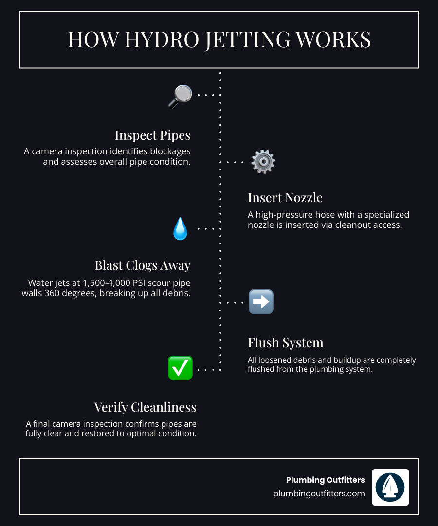 Infographic showing the hydro jetting process: Step 1 - Camera inspection identifies blockage location and pipe condition. Step 2 - High-pressure hose with specialized nozzle inserted through cleanout access. Step 3 - Water jets at 1,500-4,000 PSI scour pipe walls 360 degrees while forward and reverse jets break up clogs. Step 4 - Debris and buildup flushed completely from system. Step 5 - Final camera inspection confirms pipes are fully clear and restored to optimal condition. - hydro jetting services in pflugerville, tx infographic infographic-line-5-steps-dark Infographic showing the hydro jetting process: Step 1 - Camera inspection identifies blockage location and pipe condition. Step 2 - High-pressure hose with specialized nozzle inserted through cleanout access. Step 3 - Water jets at 1,500-4,000 PSI scour pipe walls 360 degrees while forward and reverse jets break up clogs. Step 4 - Debris and buildup flushed completely from system. Step 5 - Final camera inspection confirms pipes are fully clear and restored to optimal condition. - hydro jetting services in pflugerville, tx infographic infographic-line-5-steps-dark