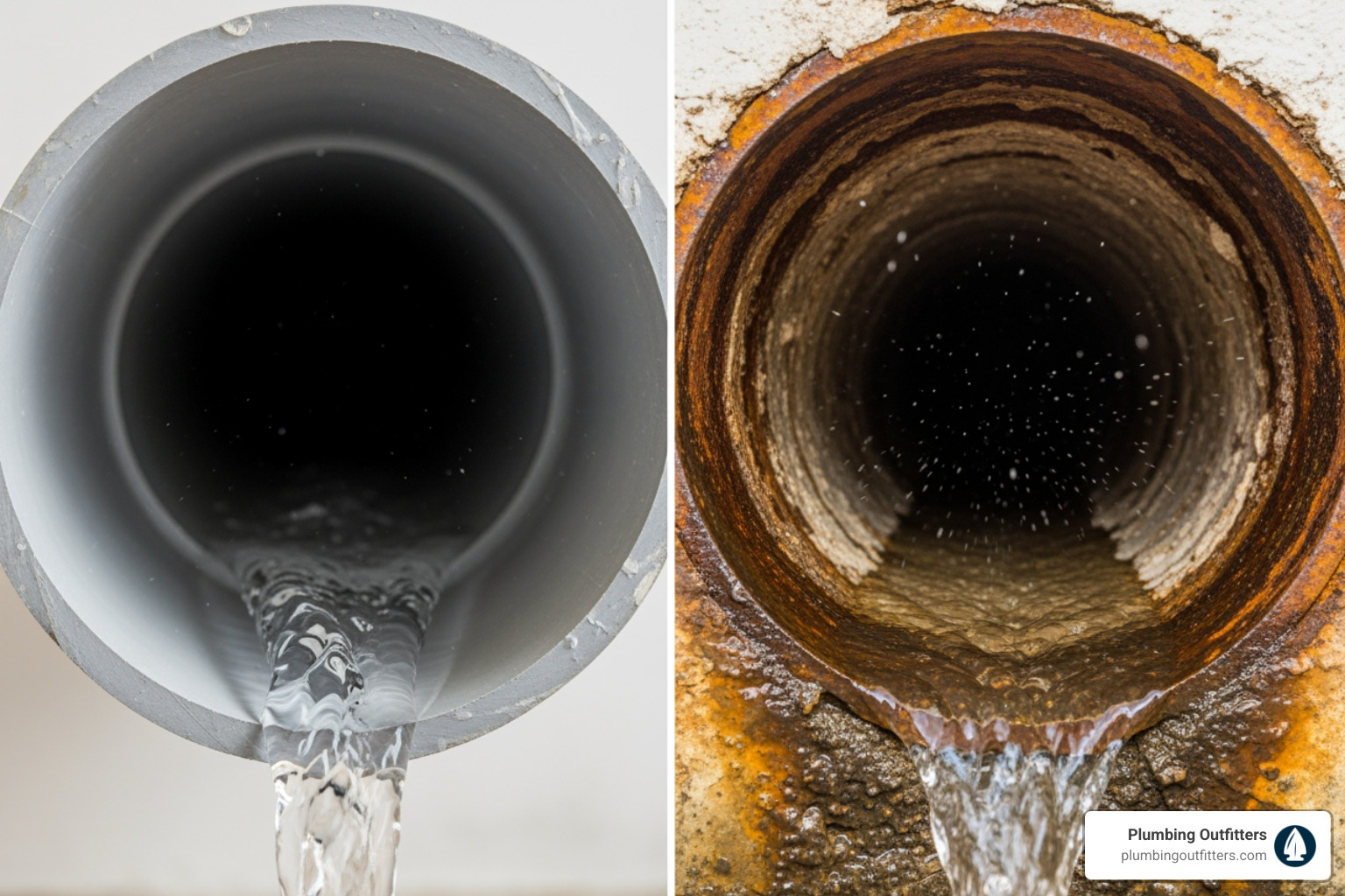 infographic showing healthy vs failing pipes with signs like rust discoloration low pressure and corrosion compared to clean steady flow - repiping repair in manor, tx Modern PVC pipe with flowing water alongside a corroded metal pipe showing rust and debris, highlighting plumbing issues relevant to repiping services in Manor, TX.