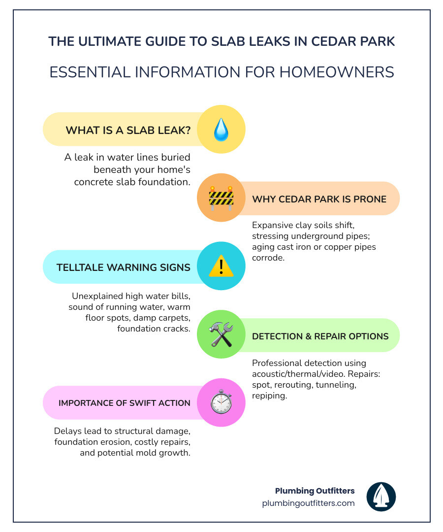 Infographic showing a cross-section of a home's concrete slab foundation with water supply lines and drain lines running underneath, highlighting common leak points where pipes connect or pass through the concrete, and showing warning signs like water pooling, foundation cracks, and increased water meter readings - slab leak repair in cedar park, tx infographic infographic-line-5-steps-colors Infographic titled "The Ultimate Guide to Slab Leaks in Cedar Park," highlighting essential information for homeowners, including sections on slab leaks, local soil conditions, warning signs, detection methods, and the importance of swift action to prevent structural damage, with Plumbing Outfitters branding.
