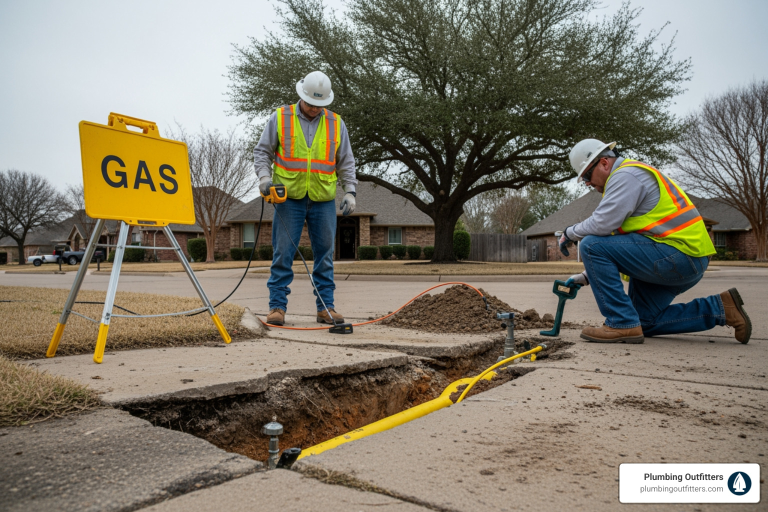 infographic showing immediate steps if you suspect a gas leak: evacuate the home, avoid using electronics or creating sparks, call 911 and your gas provider from outside, contact a licensed plumber for professional repair, do not re-enter until cleared by professionals - gas leak detection repair in taylor, tx Two plumbers in safety gear inspecting a gas line in a residential area, with a visible "GAS" warning sign and a trench exposing a yellow gas pipe.