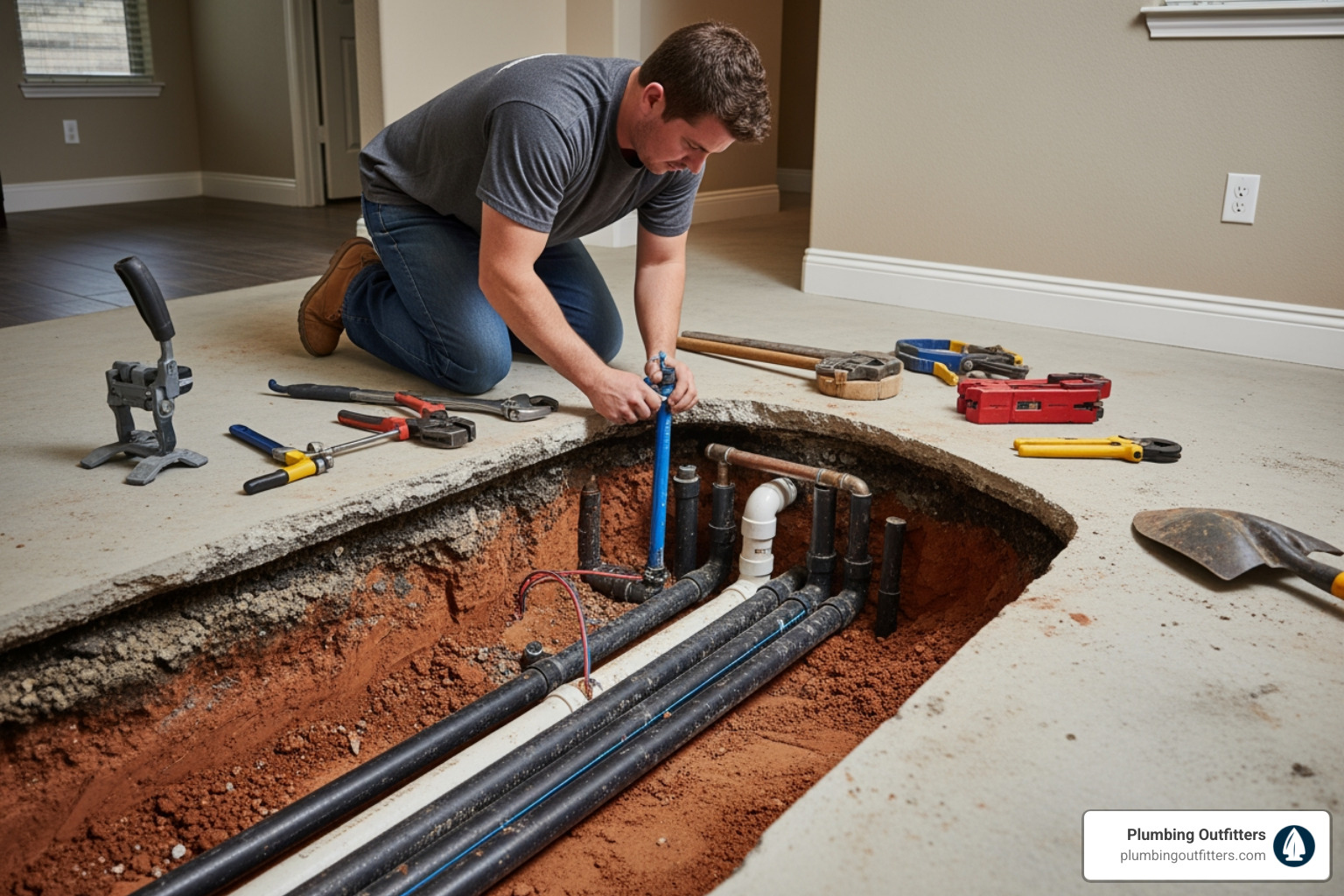 Infographic showing a cross-section of a home's slab foundation with water pipes underneath, indicating common leak locations and warning signs like water meter movement, hot spots on floor, foundation cracks, and soggy yard areas - slab leak repair in austin, tx Plumber inspecting exposed plumbing pipes in a concrete slab, surrounded by tools, highlighting slab leak detection and repair services in Austin.