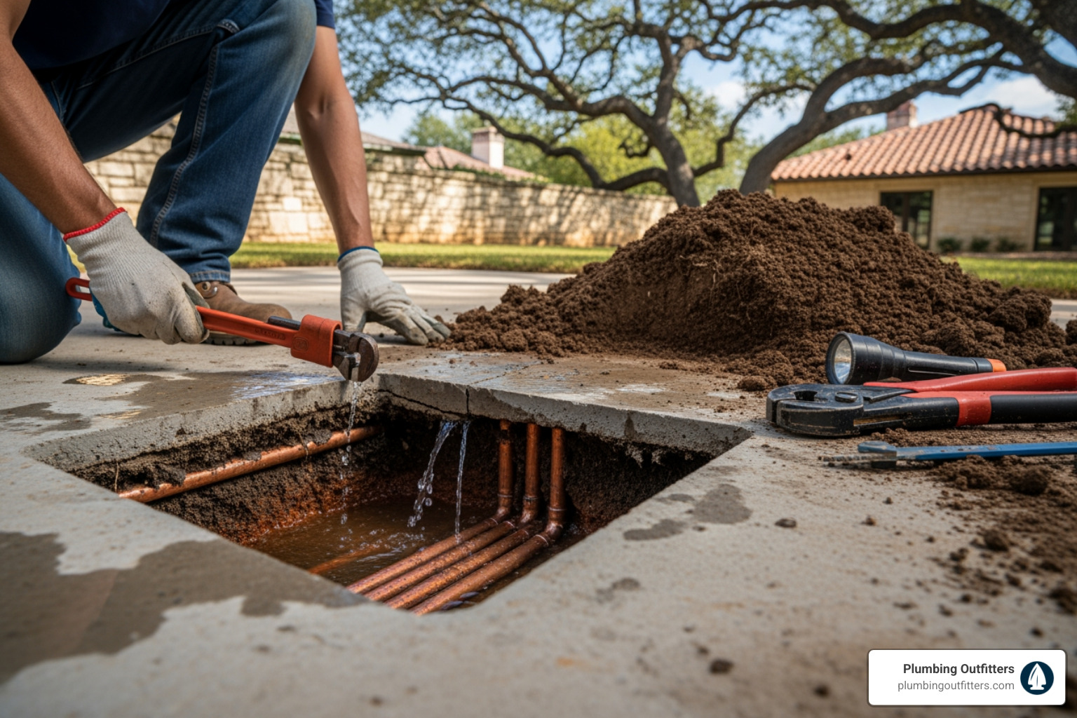 infographic showing five warning signs of slab leaks: unexplained water bill increase, sound of running water when taps are off, warm spots on floors, foundation cracks, and damp or musty smells - slab leaks repair in west lake hills, tx Plumber using a wrench to repair copper pipes in a slab leak, with water leaking from the exposed area, surrounded by soil and tools, emphasizing the importance of professional plumbing services in West Lake Hills.