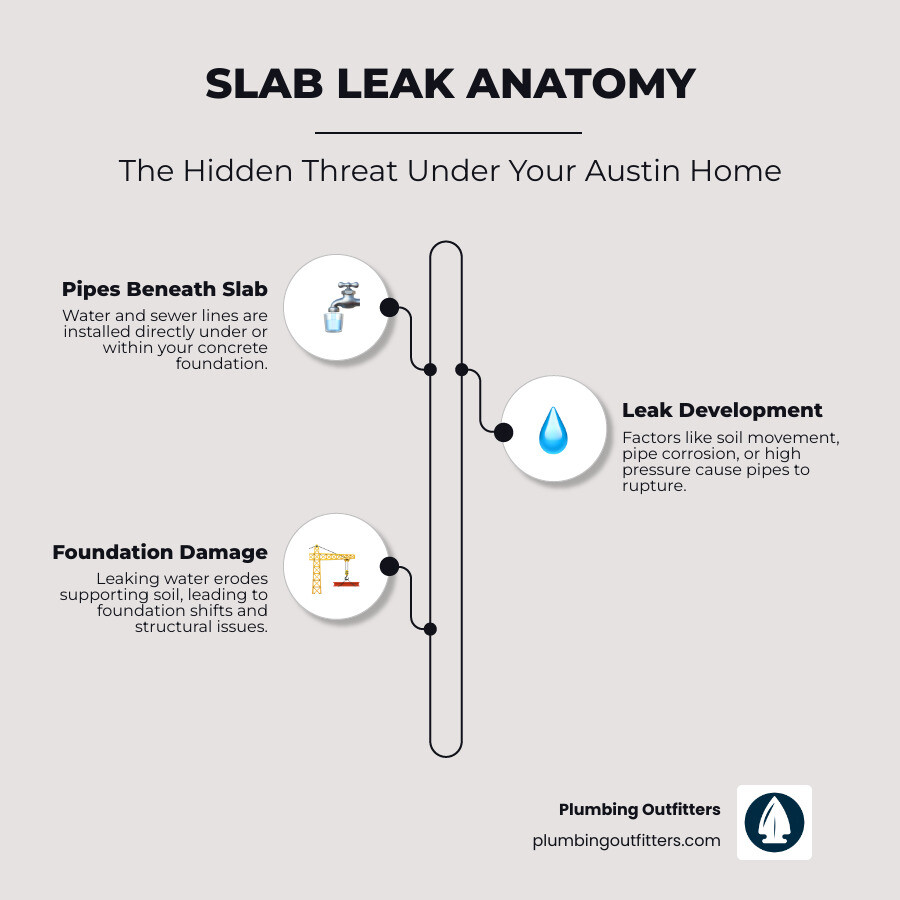 Infographic showing cross-section of a home's slab foundation with water pipes running underneath, highlighting where leaks commonly occur, soil erosion patterns beneath the concrete, and the path water takes when escaping from damaged pipes under the slab - slab leaks repair in austin, tx infographic infographic-line-3-steps-elegant_beige Slab leak anatomy infographic illustrating pipes beneath slab, leak development factors, and potential foundation damage, emphasizing the hidden threat under homes in Austin, TX, by Plumbing Outfitters.