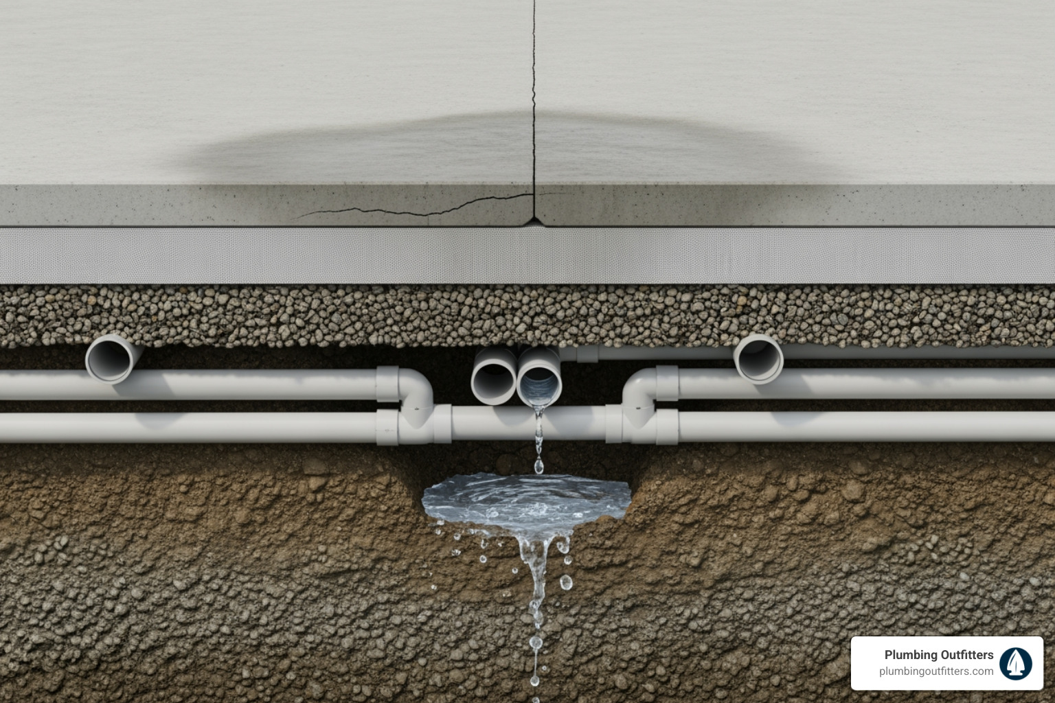 Infographic showing cross-section of a home's slab foundation with water pipes running beneath, highlighting common leak locations, warning signs like water meter activity and floor temperature changes, and the three main repair methods with icons - slab leaks repair in georgetown, tx Slab leak illustration showing cracked concrete foundation, exposed plumbing pipes, and water pooling beneath, emphasizing the need for professional leak detection and repair services in Georgetown, TX.