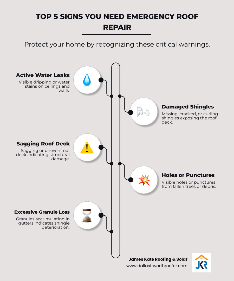 Infographic showing the top 5 signs you need emergency roof repair: 1. Active water leaks with visible dripping or water stains on ceilings and walls, 2. Missing, cracked, or curling shingles exposing roof deck, 3. Sagging or uneven roof deck indicating structural damage, 4. Visible holes or punctures from fallen trees or debris, 5. Excessive granule loss from shingles accumulating in gutters - emergency roof repair arlington infographic infographic-line-5-steps-elegant_beige Infographic showing the top 5 signs you need emergency roof repair: 1. Active water leaks with visible dripping or water stains on ceilings and walls, 2. Missing, cracked, or curling shingles exposing roof deck, 3. Sagging or uneven roof deck indicating structural damage, 4. Visible holes or punctures from fallen trees or debris, 5. Excessive granule loss from shingles accumulating in gutters - emergency roof repair arlington infographic infographic-line-5-steps-elegant_beige