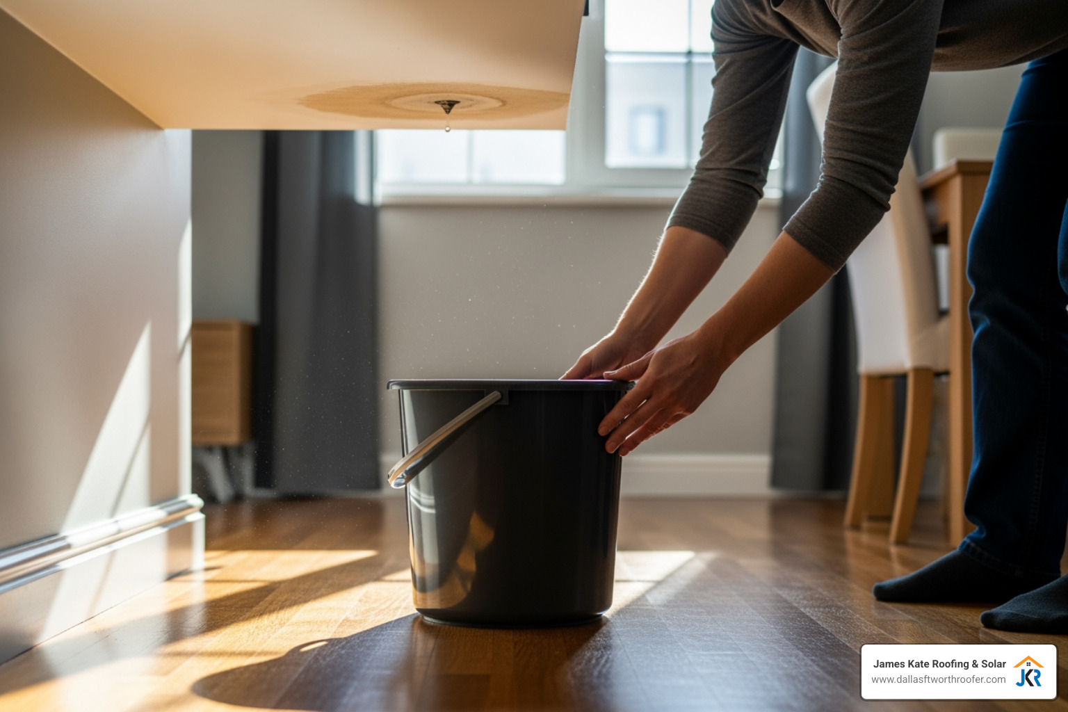 homeowner safely placing a bucket to catch a leak - emergency roof repair arlington homeowner safely placing a bucket to catch a leak - emergency roof repair arlington