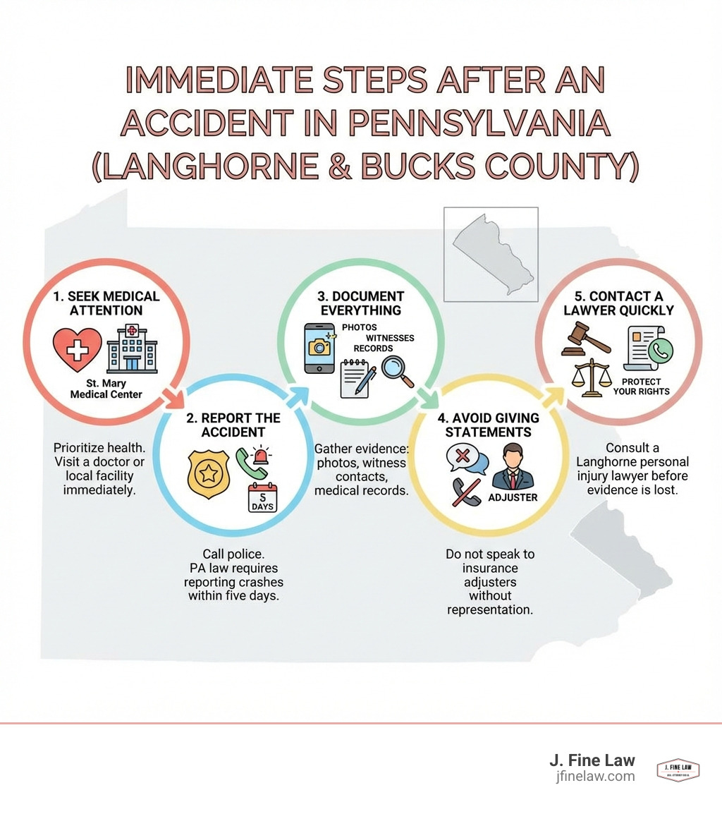 Infographic explaining the immediate steps to take after an accident in Pennsylvania - Langhorne personal injury lawyer infographic Infographic explaining the immediate steps to take after an accident in Pennsylvania - Langhorne personal injury lawyer infographic