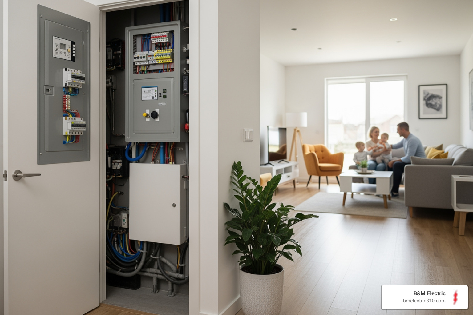 infographic showing four quadrants: Improved Safety with shield icon, Code Compliance with checklist icon, Increased Efficiency with lightbulb icon, and Peace of Mind with house icon, all connected to central text reading Benefits of Electrical Inspections - electrical inspections in torrance ca