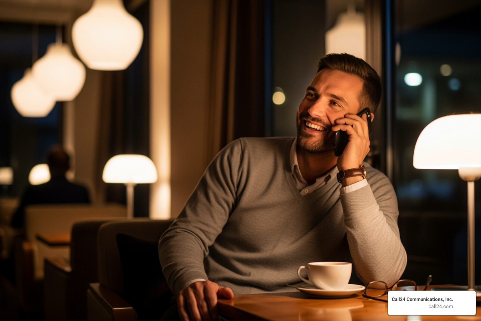customer happily talking on the phone at night - after hours receptionist customer happily talking on the phone at night - after hours receptionist