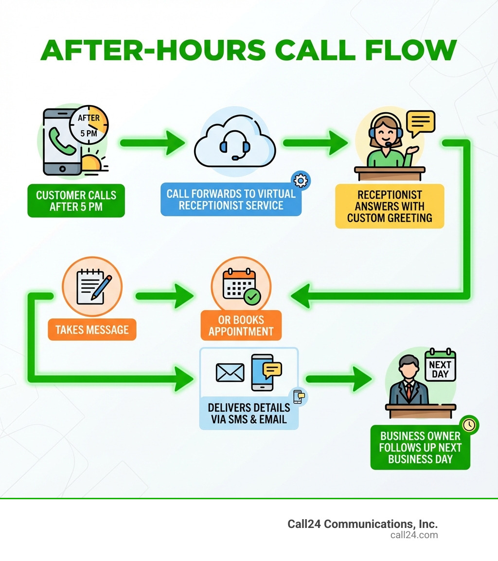Infographic showing the flow of an after-hours call: Customer calls business number after 5 PM, call forwards to virtual receptionist service, receptionist answers with custom greeting, takes message or books appointment, delivers details via SMS and email to business owner, business owner follows up next business day - after hours receptionist infographic Infographic showing the flow of an after-hours call: Customer calls business number after 5 PM, call forwards to virtual receptionist service, receptionist answers with custom greeting, takes message or books appointment, delivers details via SMS and email to business owner, business owner follows up next business day - after hours receptionist infographic