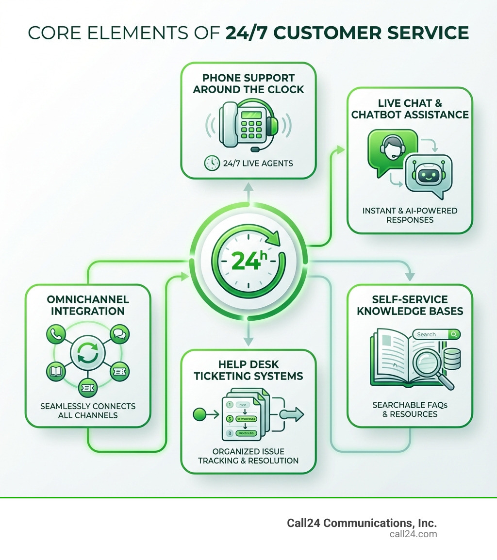Infographic showing the core elements of 24/7 customer service: phone support available around the clock, live chat and chatbot assistance, self-service knowledge bases, help desk ticketing systems, and omnichannel integration connecting all channels seamlessly - 24/7 customer service infographic 